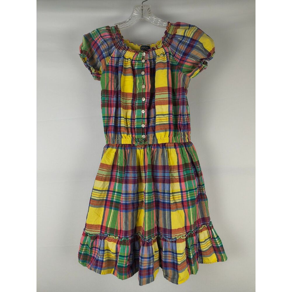 Polo Ralph Lauren Dress Girls 14 Multicolor Plaid Short Sleeve Cotton Tiered